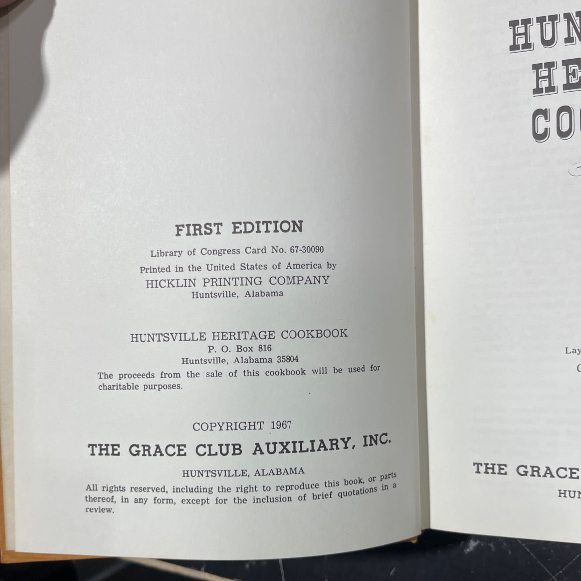 huntsville heritage cookbook book, by the grace club auxiliary, inc., 1967 Hardcover image 3