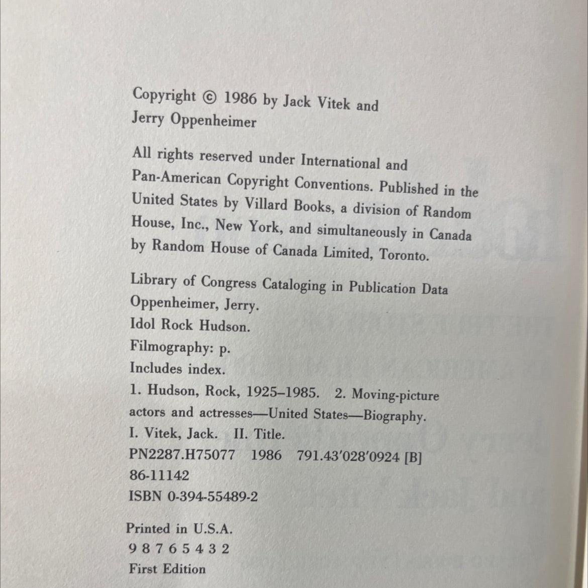 idol a rock hudson the true story of an american film hero book, by Jerry Oppenheimer and Jack Vitek, 1986 Hardcover image 3