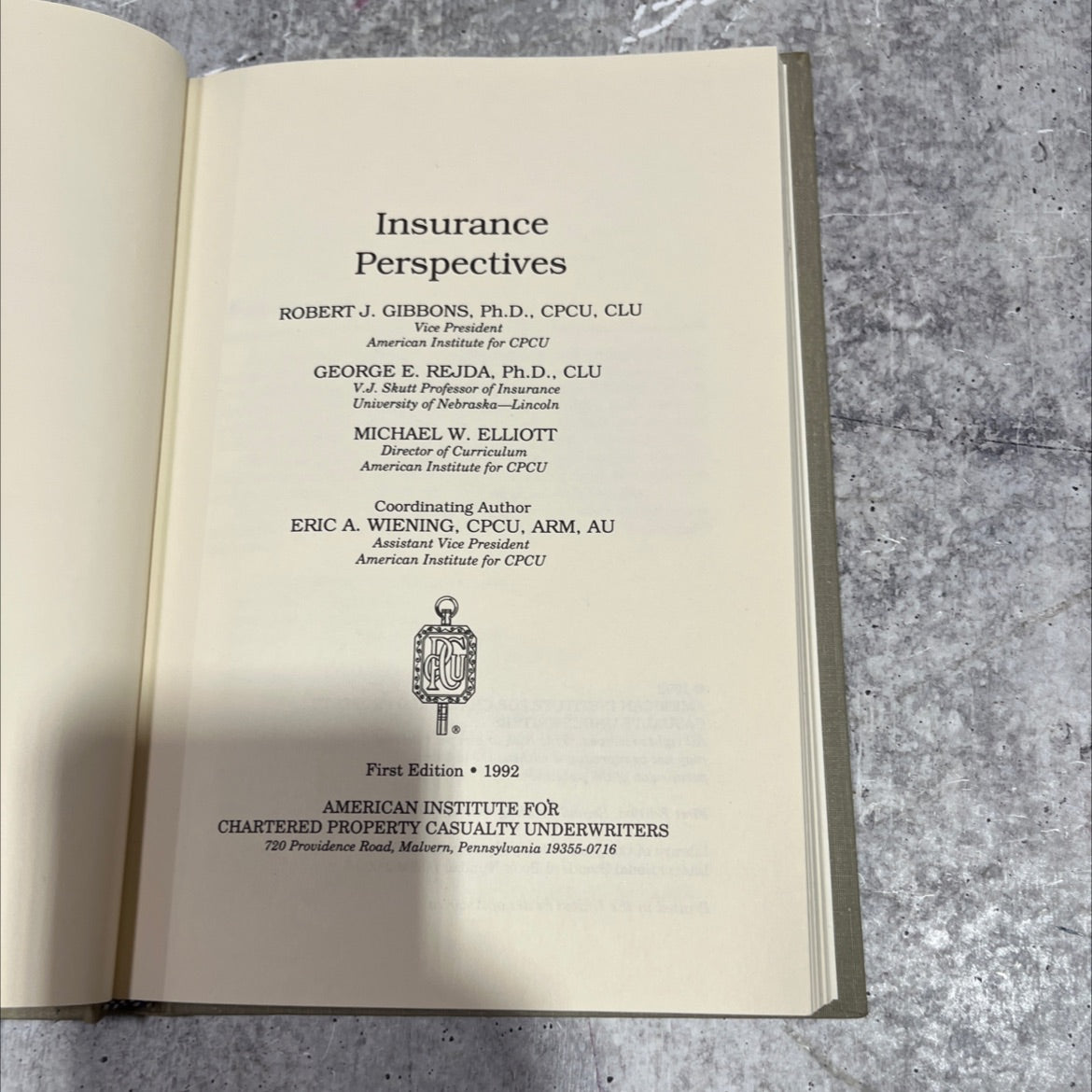 insurance perspectives book, by robert j. gibbons, george e. rejda, michael w. elliott, eric a. wiening, 1994 Hardcover image 2