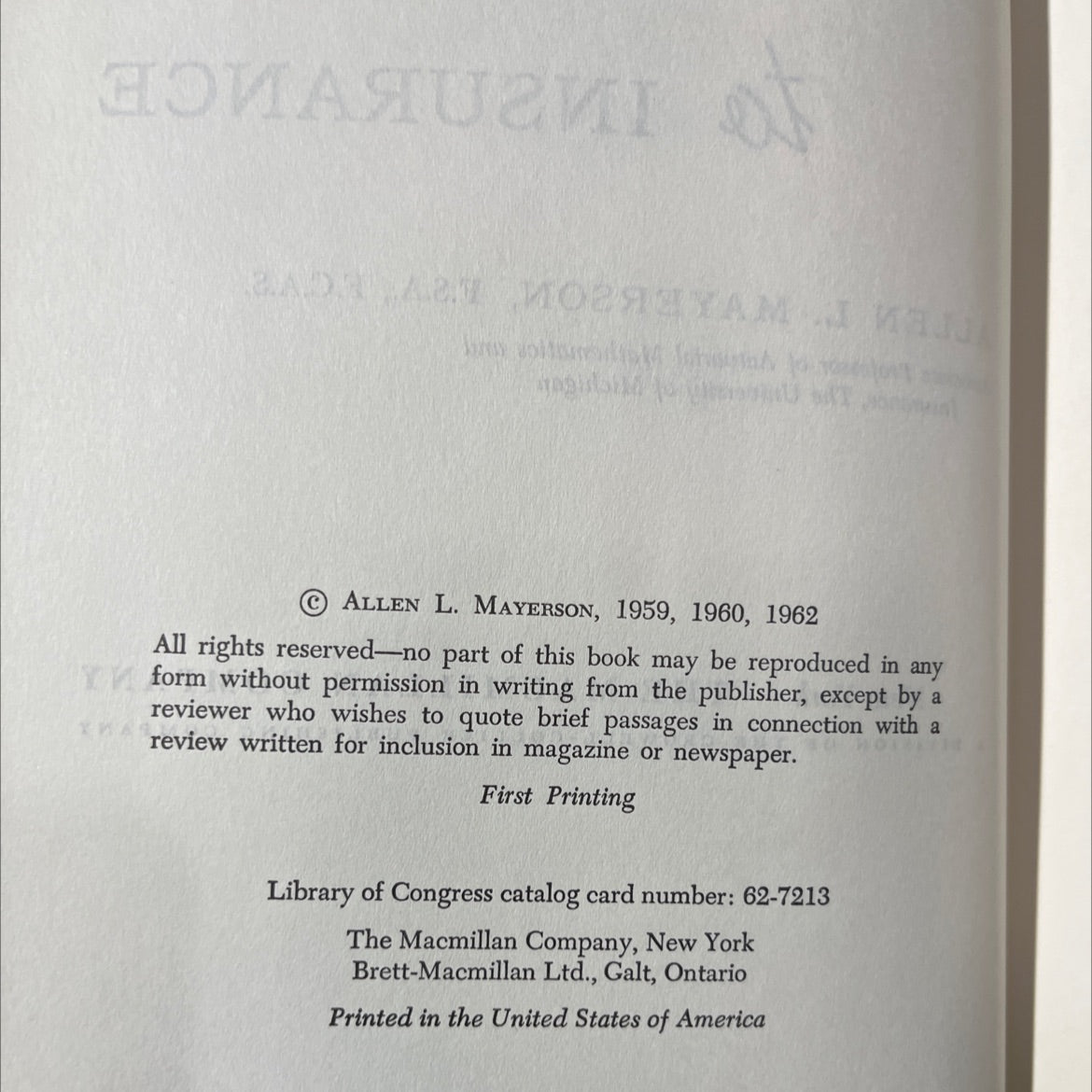 introduction to insurance book, by allen l. mayerson, 1962 Hardcover image 3