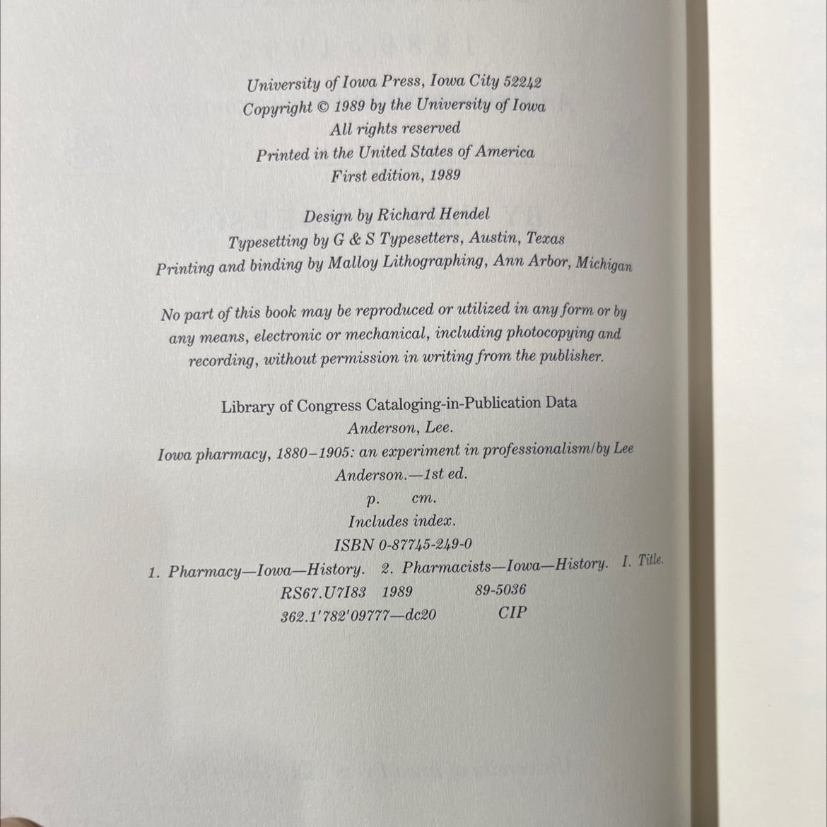 iowa pharmacy 1880 - 1905 an experiment in professionalism book, by lee anderson, 1989 Hardcover image 3