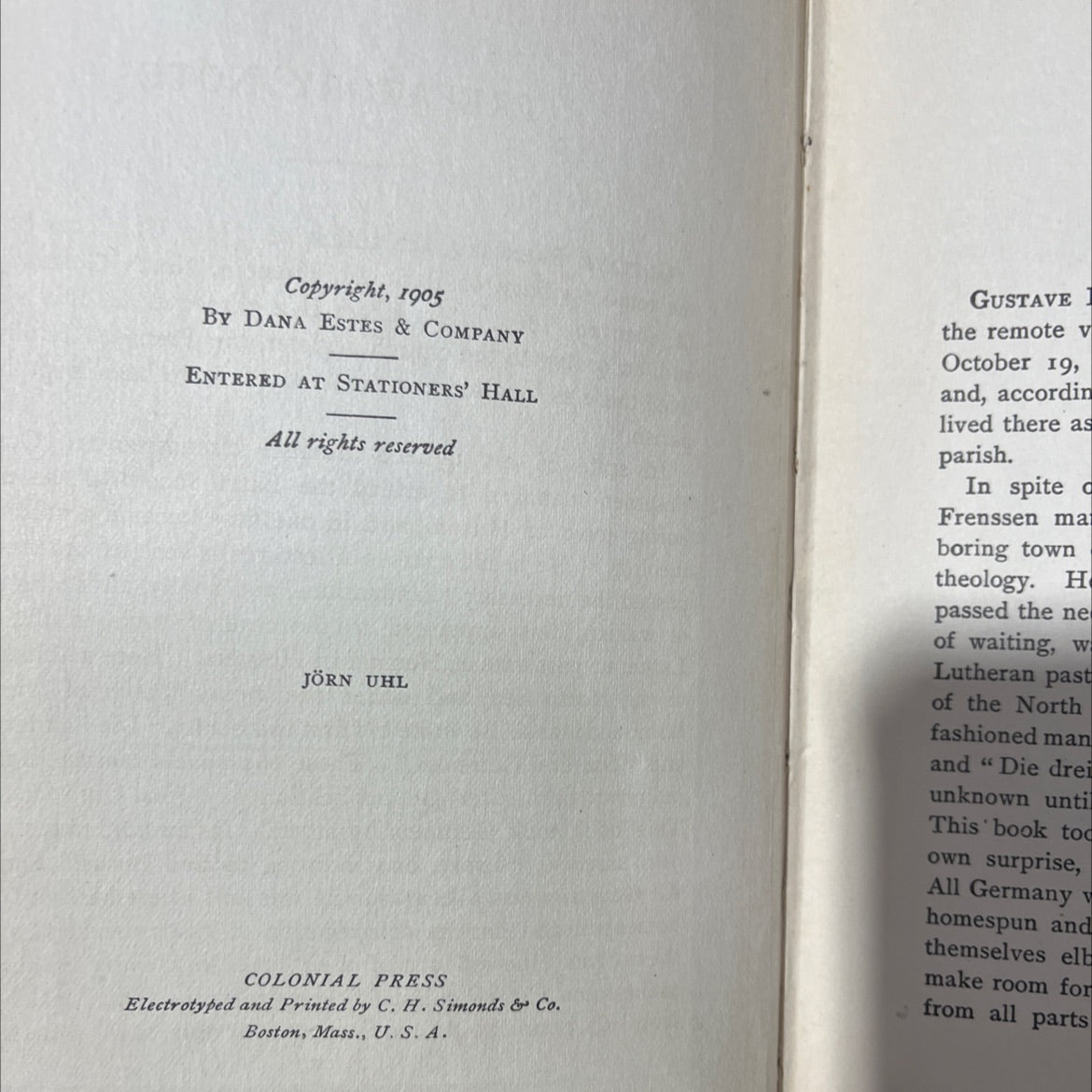 jörn uhl book, by gustav frenssen, 1905 Hardcover, Antique image 3