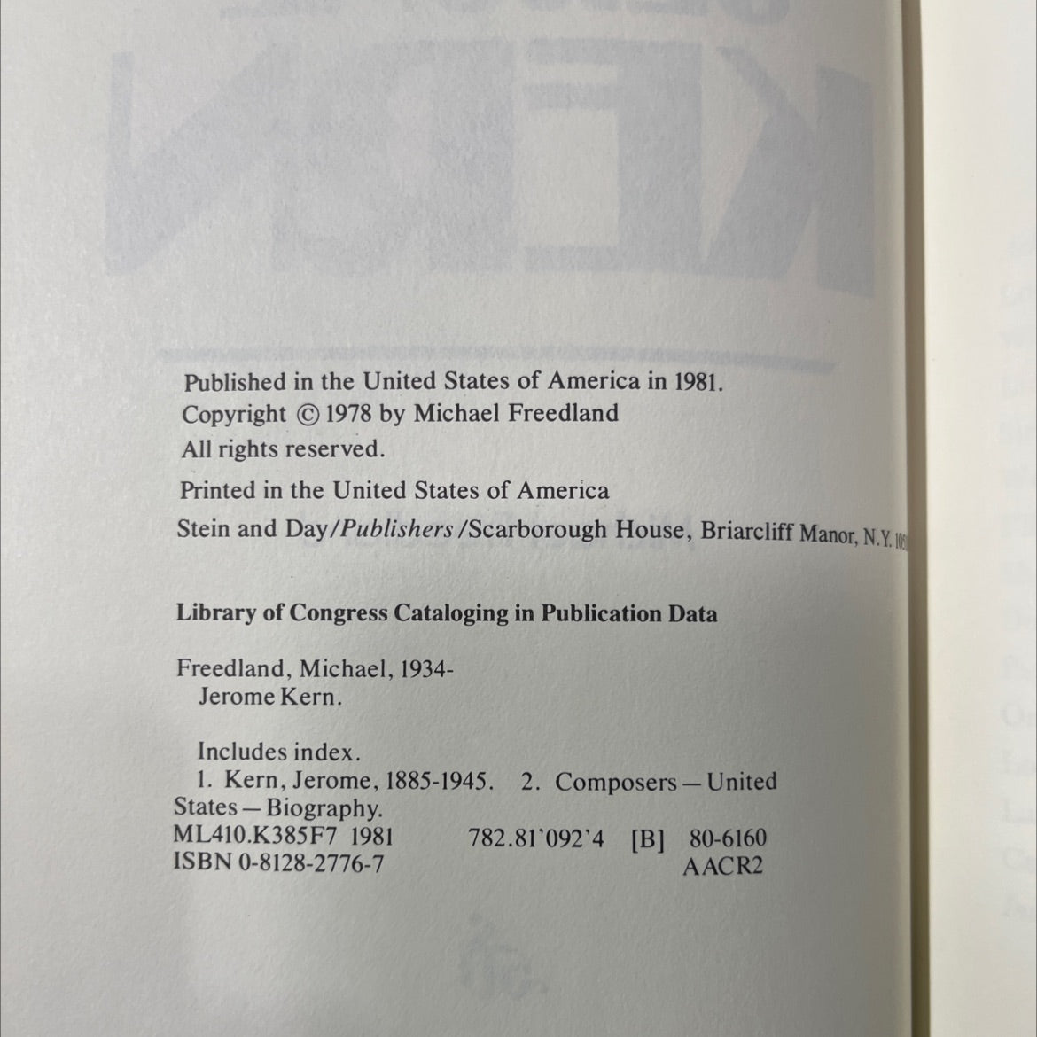 jerome kern book, by michael freedland, 1981 Hardcover image 3