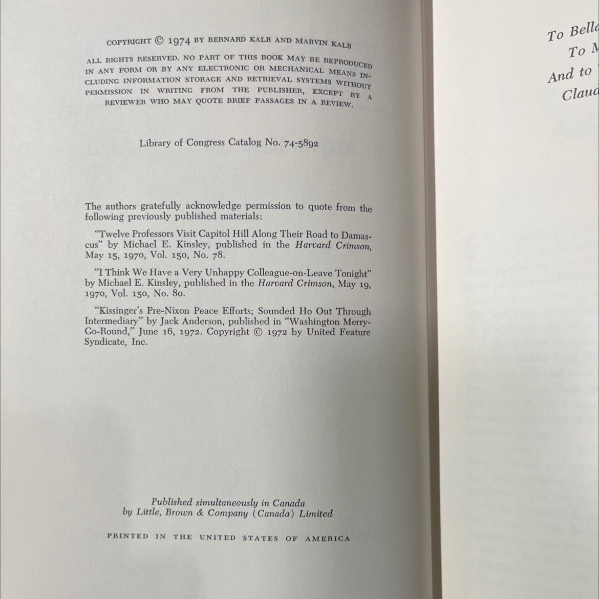 kissinger book, by marvin kalb and bernard kalb, 1974 Hardcover image 3