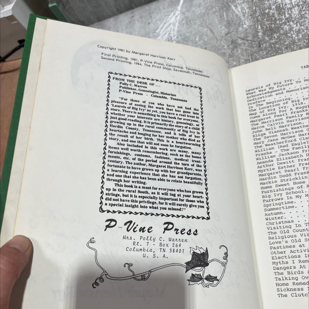 SIGNED laurels of big ivy book, by margaret harrison kerr, 1981 Hardcover, First Edition image 3