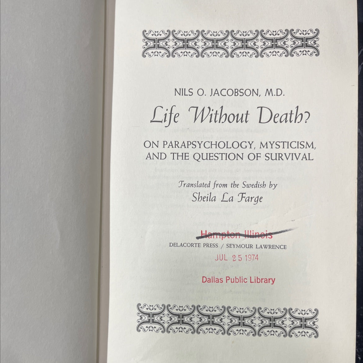 life without death? book, by Nils O. Jacobson, 1974 Hardcover image 2