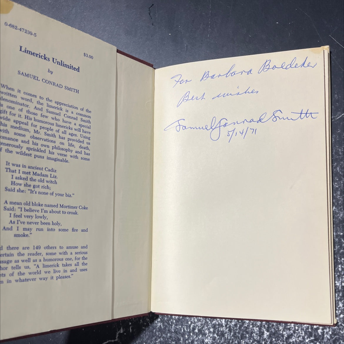 SIGNED limericks unlimited book, by samuel conrad smith, 1971 Hardcover image 4