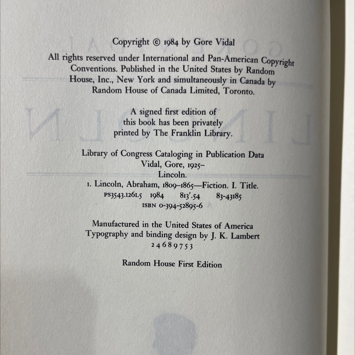 lincoln book, by gore vidal, 1984 Hardcover image 3