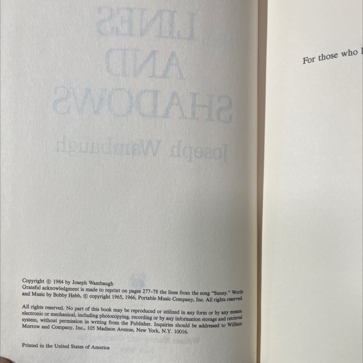 lines and shadows book, by Joseph Wambaugh, 1984 Hardcover image 3