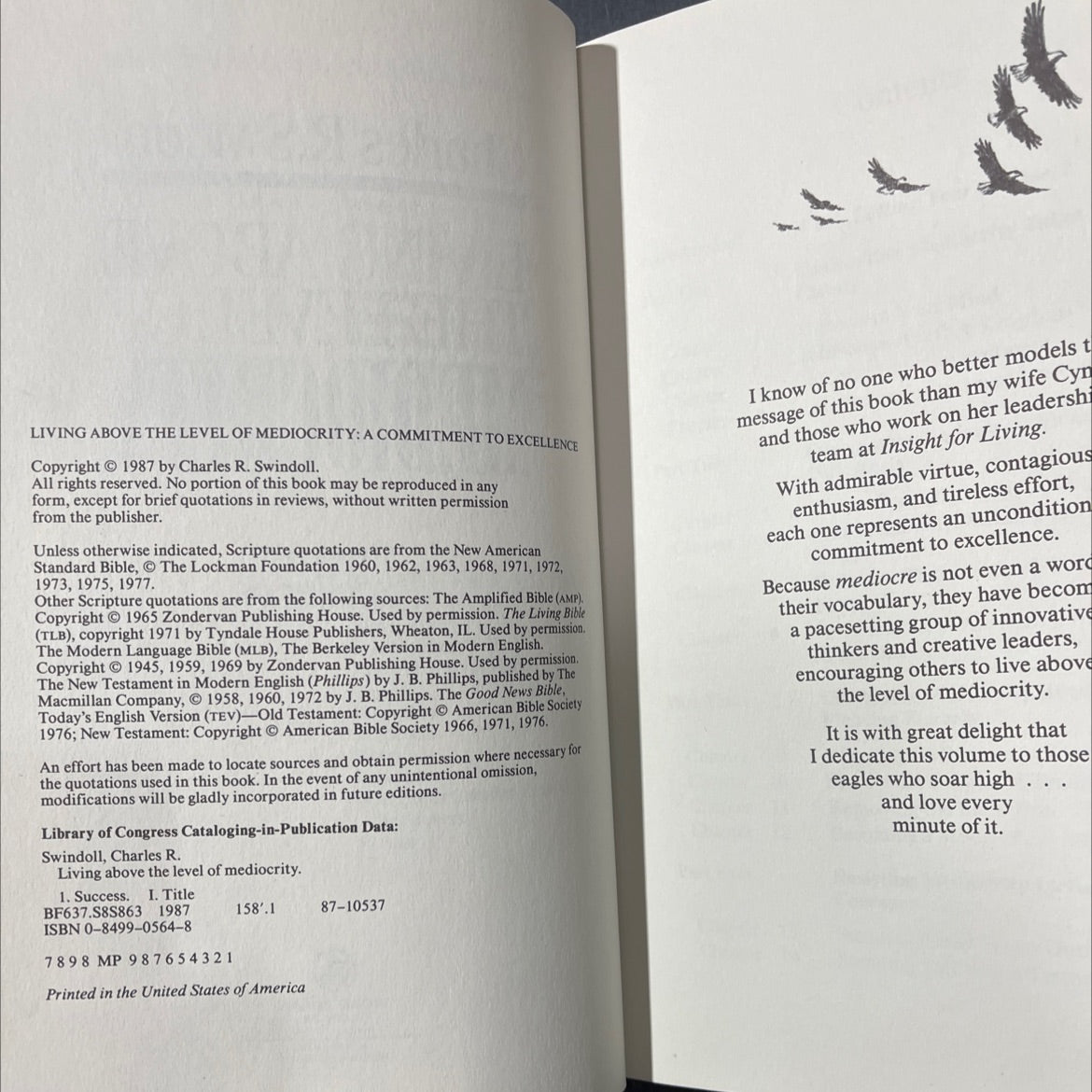 living above the level of mediocrity: a commitment to excellence book, by Charles R. Swindoll, 1987 Hardcover image 3
