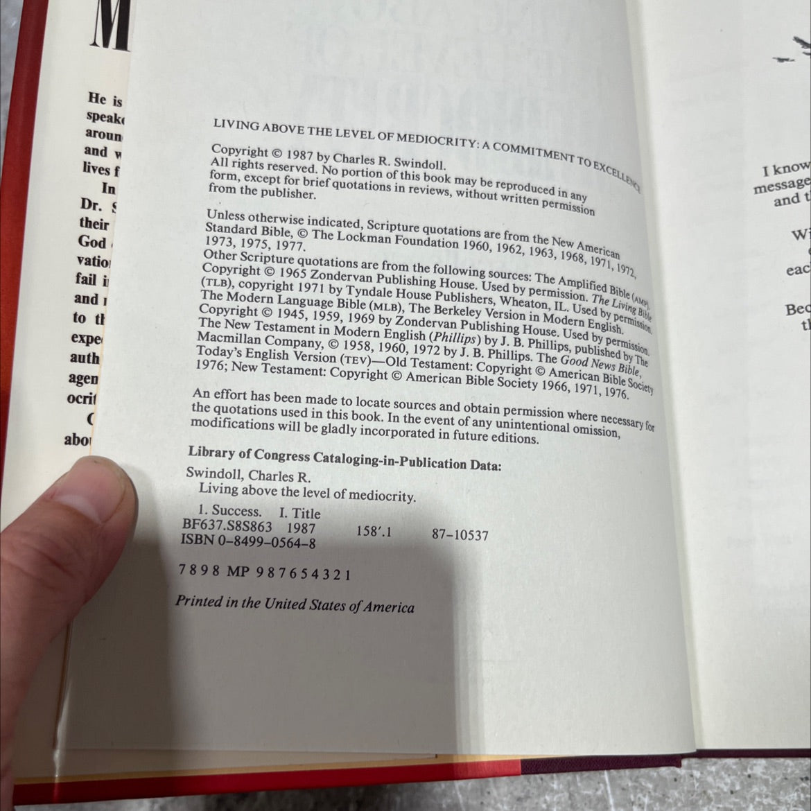 living above the level of mediocrity: a commitment to excellence book, by Charles R. Swindoll, 1987 Hardcover image 3