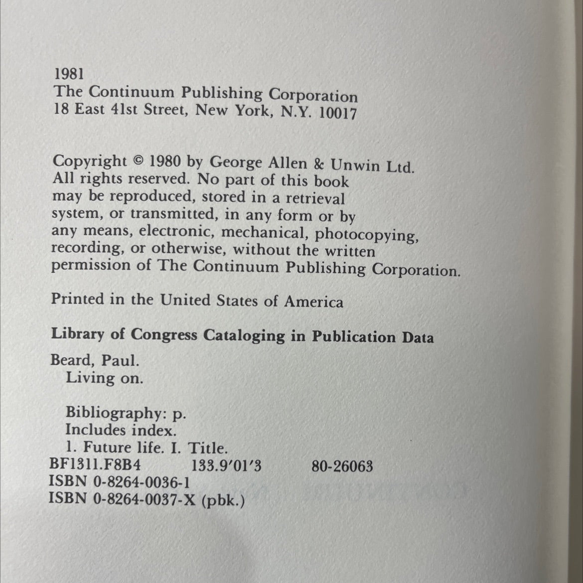 living on how consciousness continues and evolves after death book, by Paul Beard, 1981 Hardcover image 3