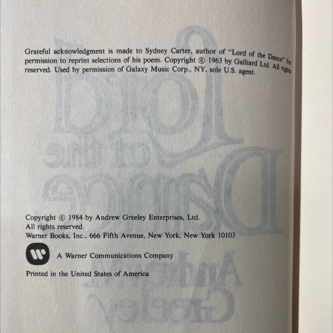 lord dance of the andrew book, by andrew m. greeley, 1984 Hardcover image 3