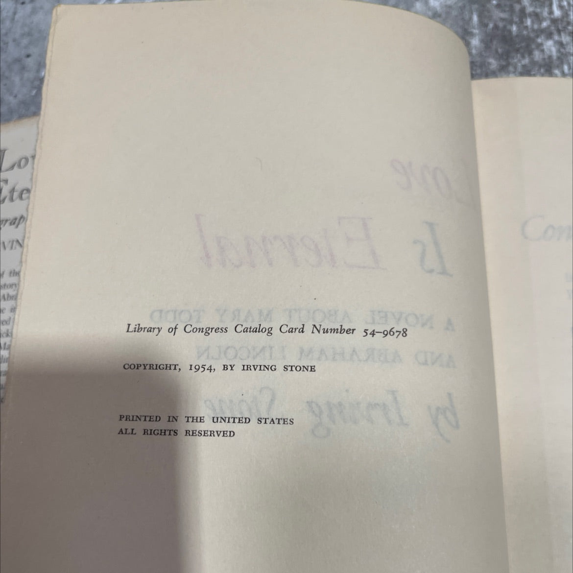 love or jean my wife is eternal a novel about mary todd and abraham lincoln book, by irving stone, 1954 Hardcover image 3