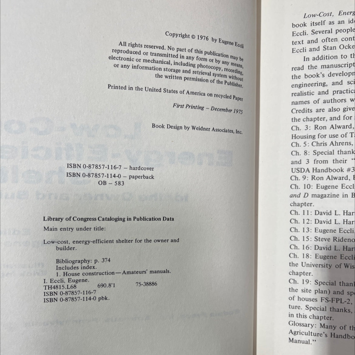 low-cost, energy-efficient shelter for the owner and builder book, by Eugene Eccli, 1976 Hardcover, First Edition, image 3
