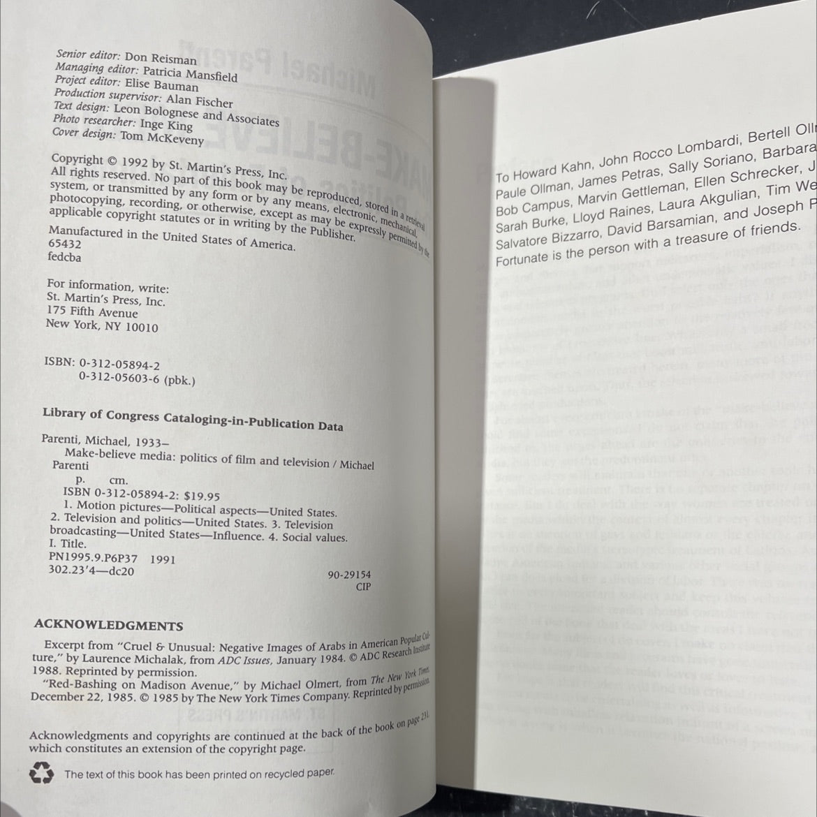 make-believe media the politics of entertainment book, by Michael Parenti, 1992 Hardcover image 3