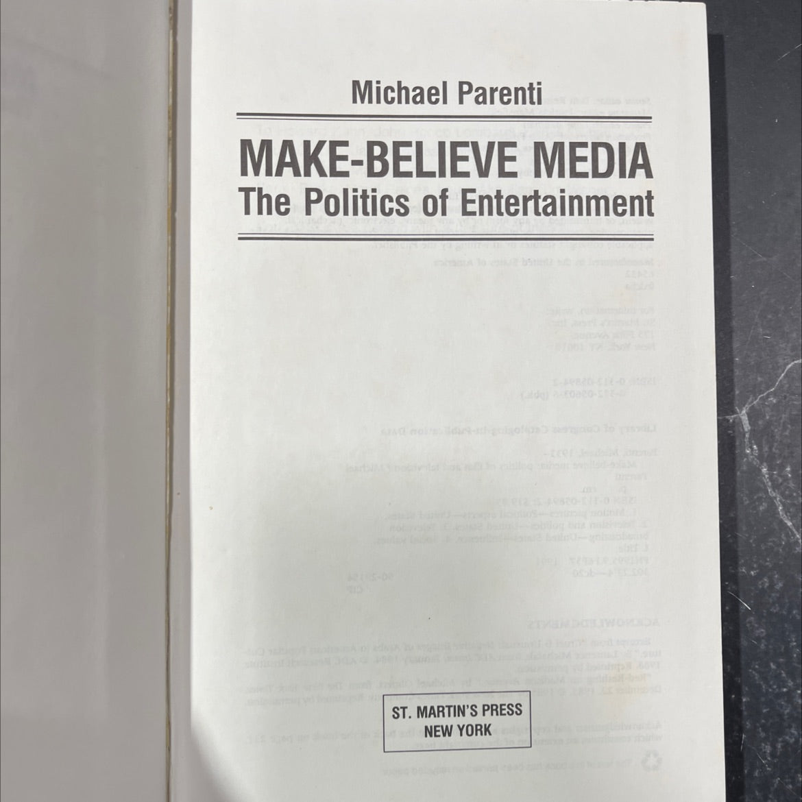make-believe media the politics of entertainment book, by Michael Parenti, 1992 Hardcover image 2