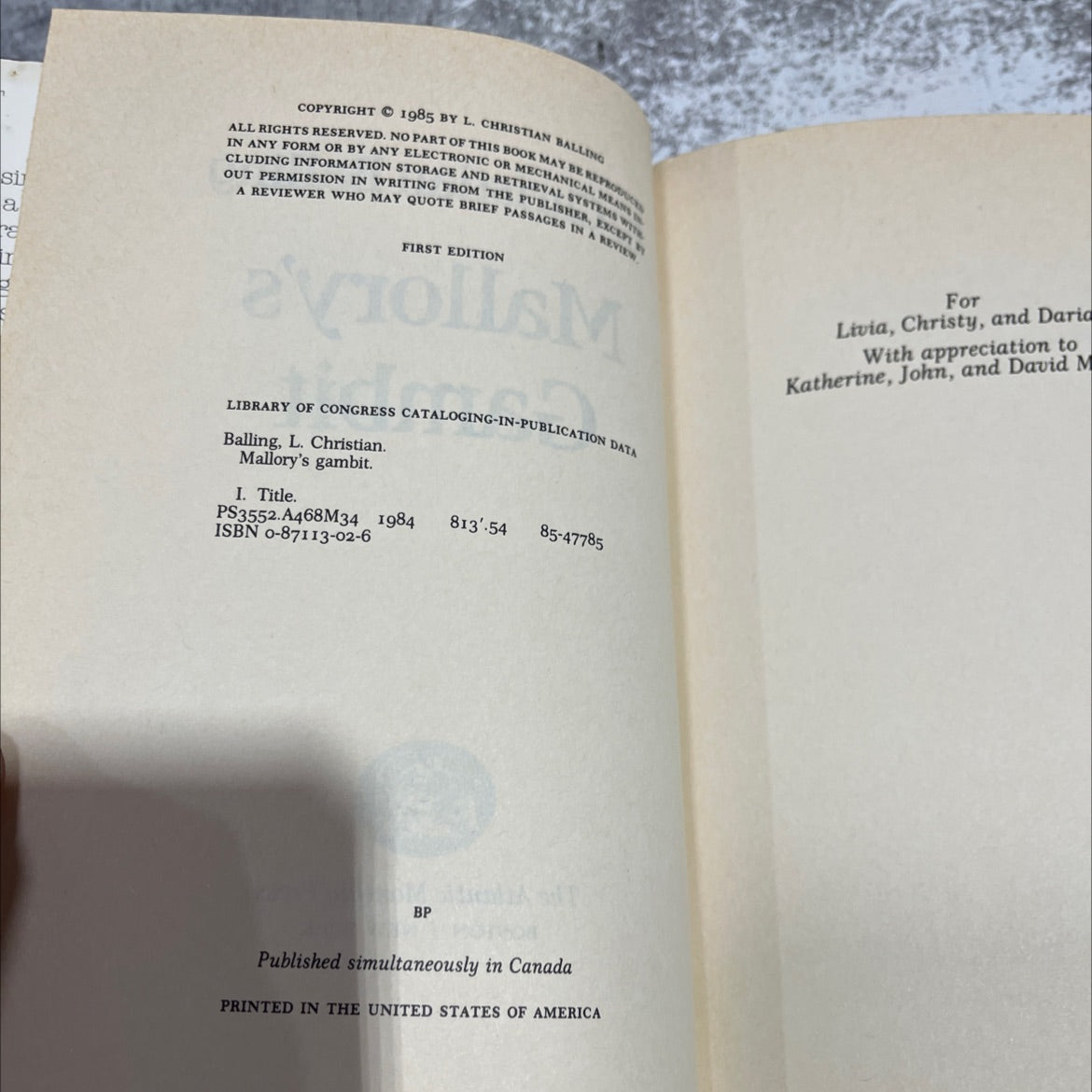 mallory's gambit book, by L. Christian Balling, 1985 Hardcover image 3