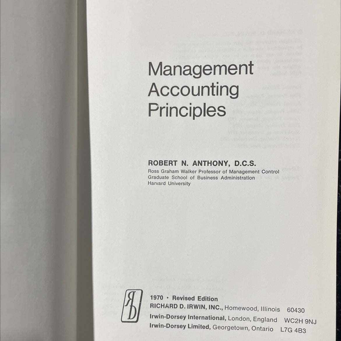 management accounting principles book, by robert n. anthony, 1970 Hardcover image 2