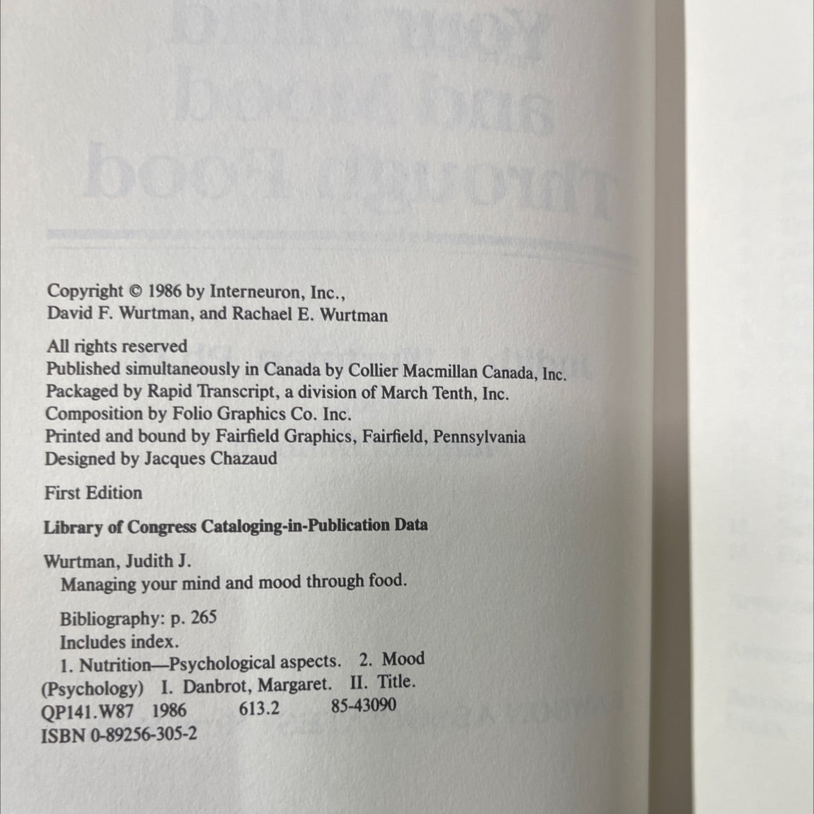 managing your mind and mood through food book, by judith j. wurtman, ph.d., 1986 Hardcover image 3