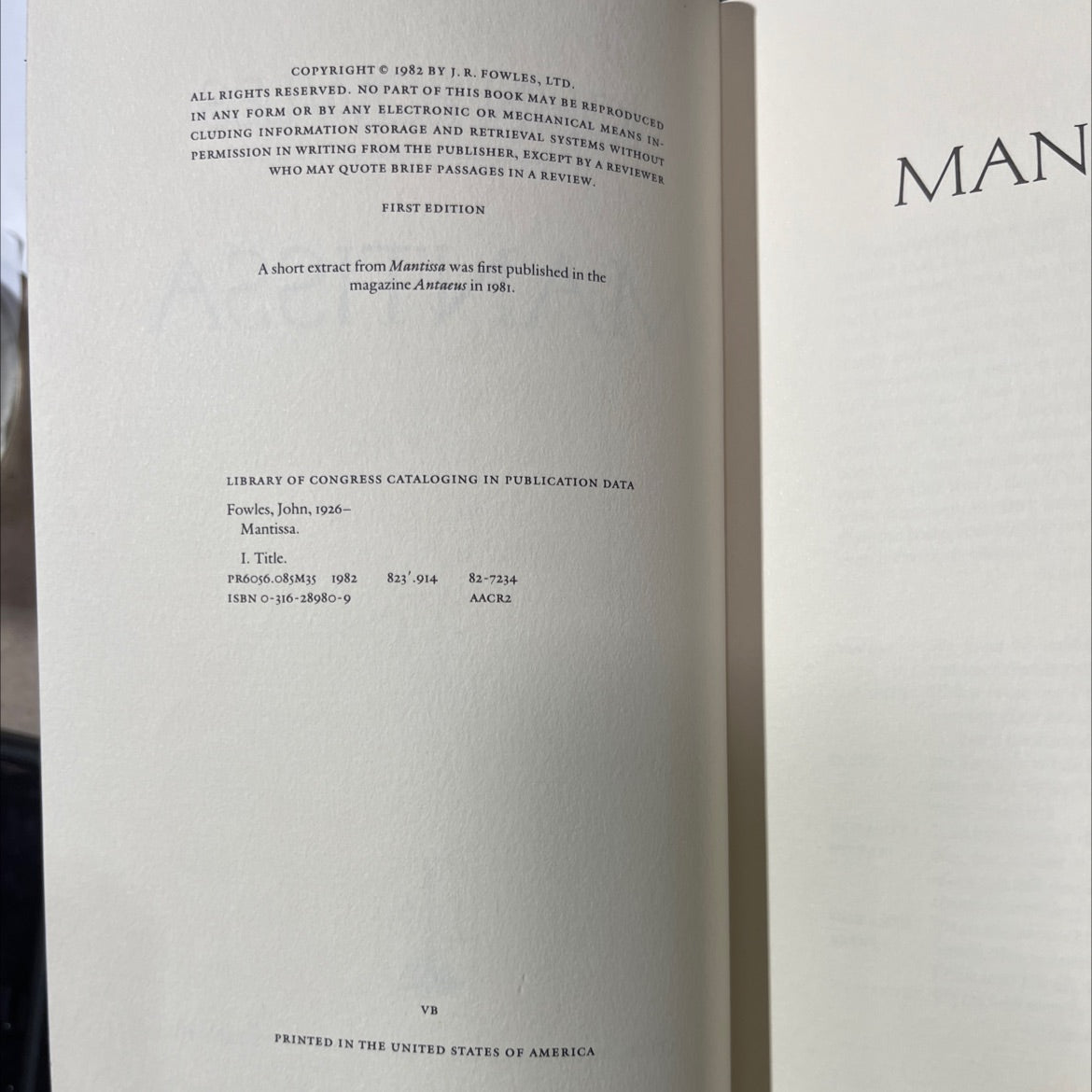 mantissa book, by john fowles, 1982 Hardcover image 3