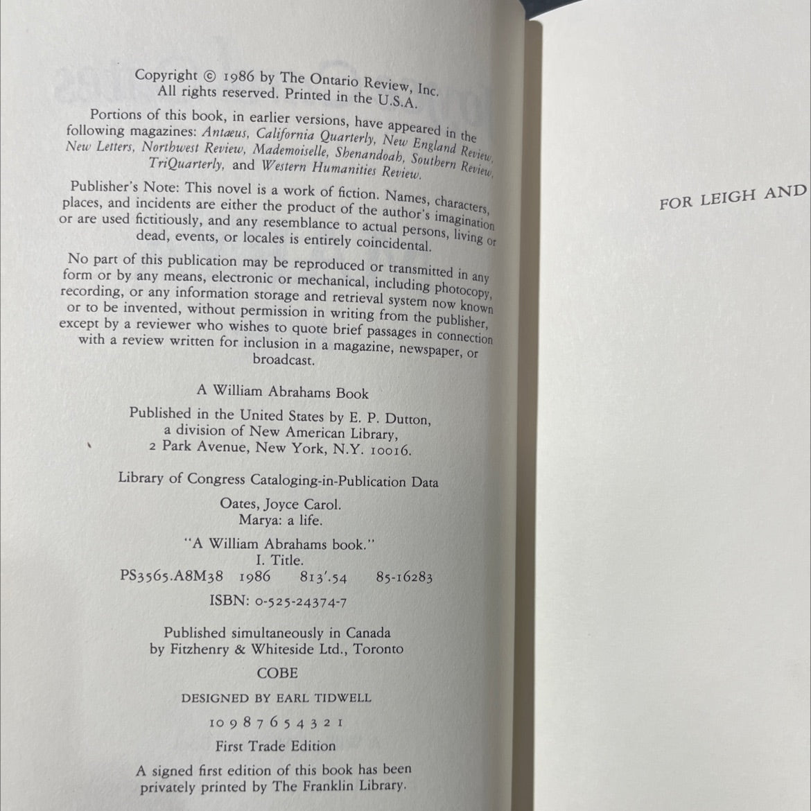 marya a life book, by joyce carol oates, 1986 Hardcover image 3