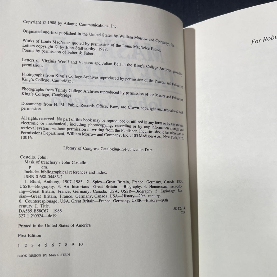 mask of treachery book, by John Costello, 1988 Hardcover image 3