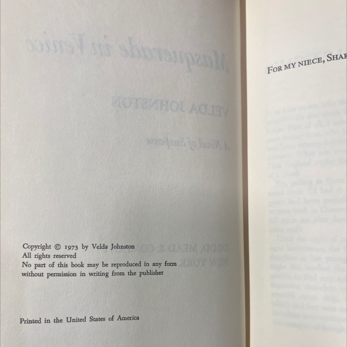 masquerade in venice book, by velda johnston, 1973 Hardcover image 3