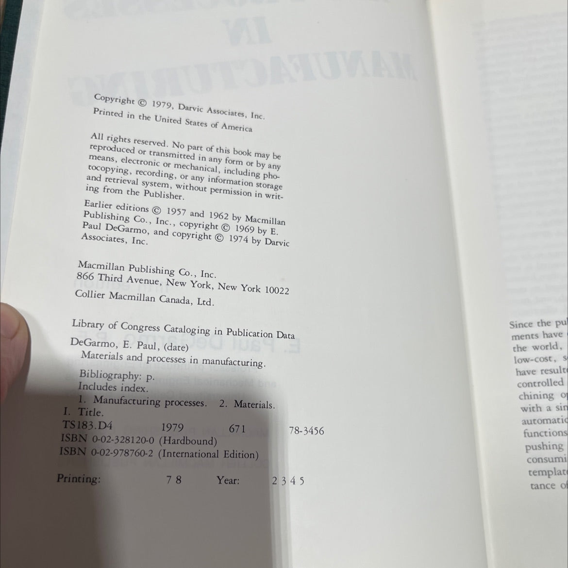 materials and processes in manufacturing book, by E. Paul DeGarmo, 1979 Hardcover image 3