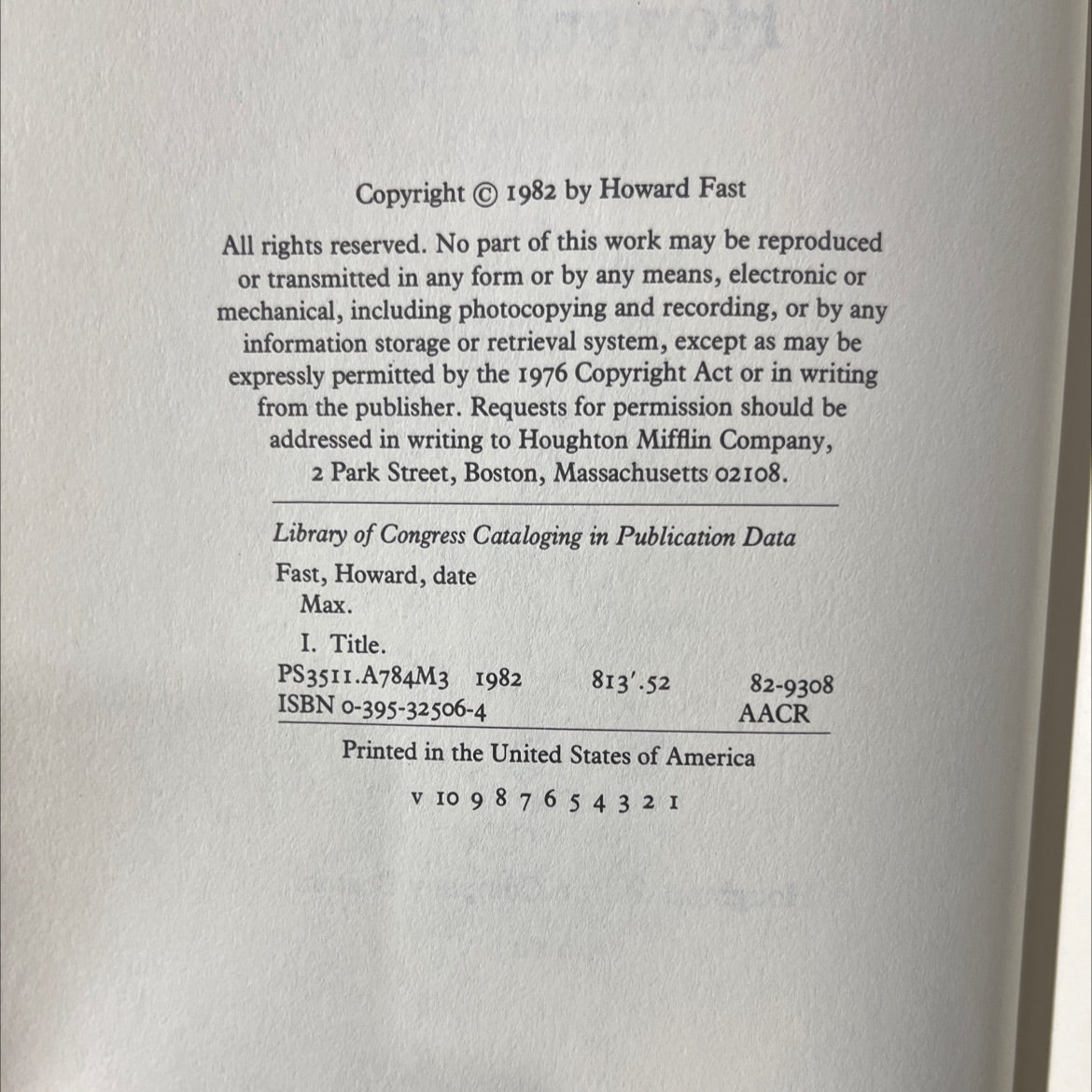 max book, by Howard Fast, 1982 Hardcover image 3