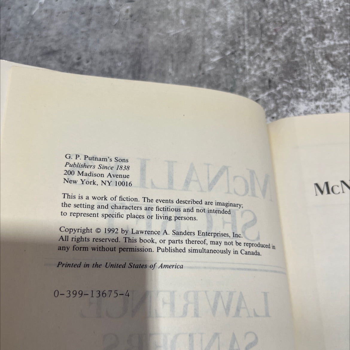 mcnally's secret book, by lawrence sanders, 1992 Hardcover image 3