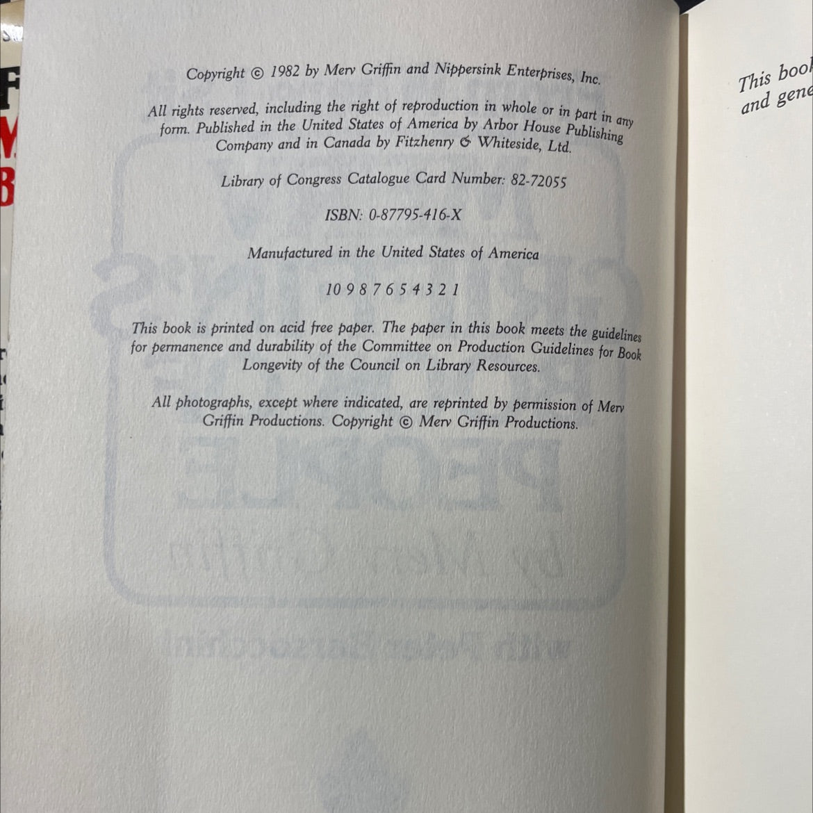 merv griffin's book of people book, by Merv Griffin with Peter Barsocchini, 1982 Hardcover image 3