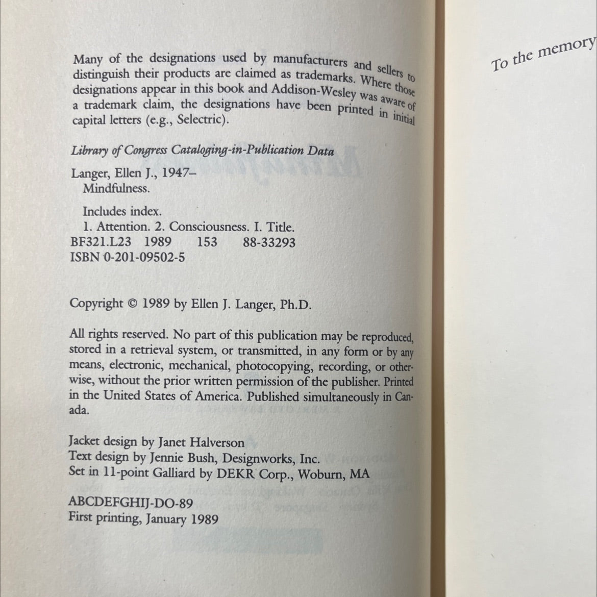 mindfulness book, by Ellen J. Langer, 1989 Hardcover image 3