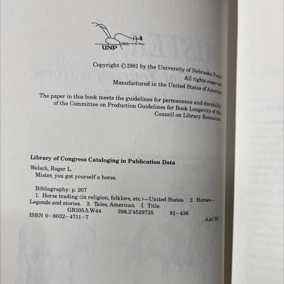 SIGNED mister, you got yourself a horse book, by Roger L. Welsch, 1981 Hardcover image 3