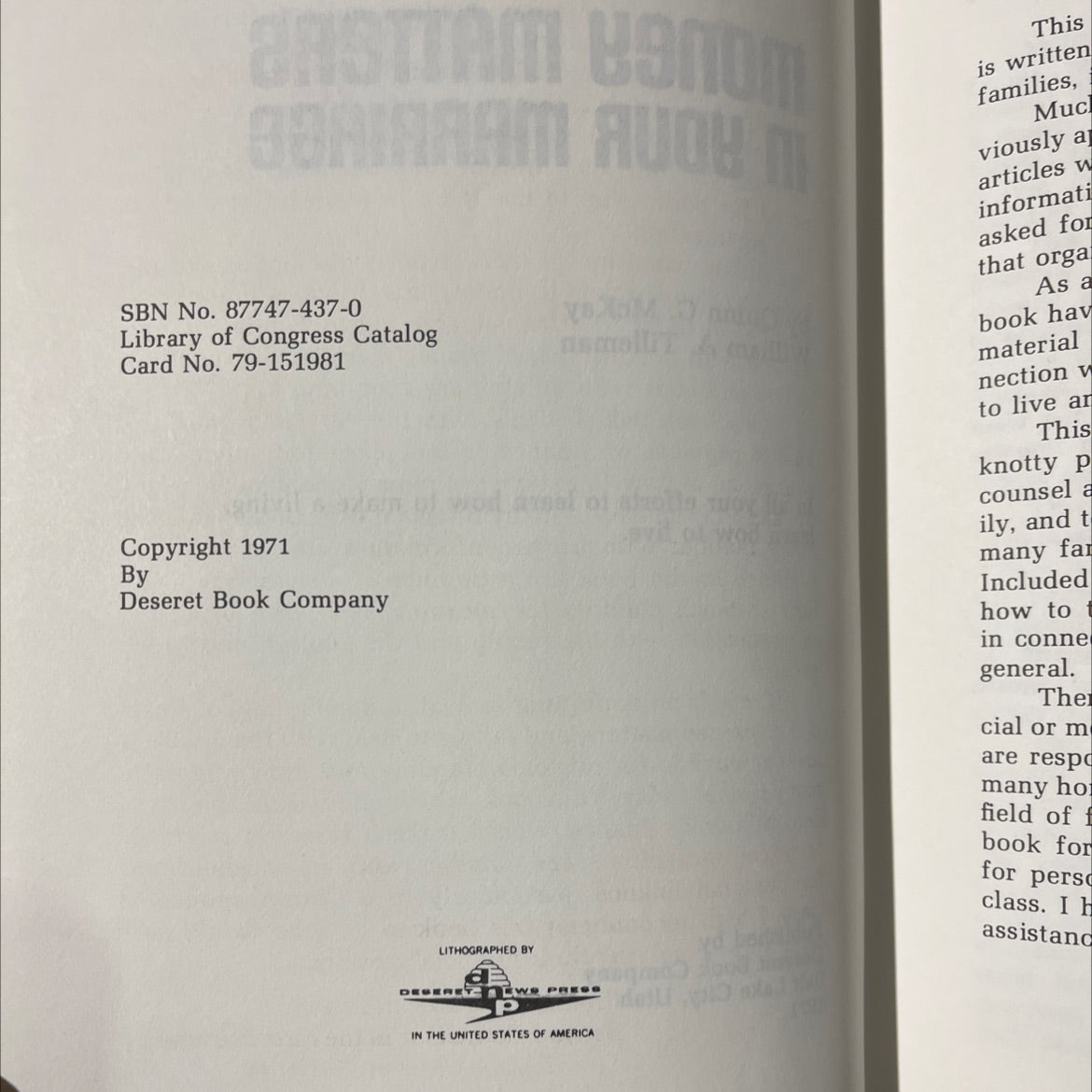 money matters in your marriage book, by Quinn G. McKay, William A. Tilleman, 1971 Hardcover image 3