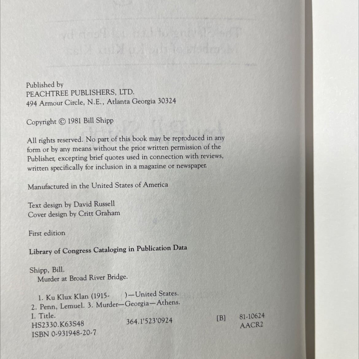 murder at broad river bridge the slaying of lemuel penn by members of the ku klux klan book, by Bill Shipp, 1981 image 3