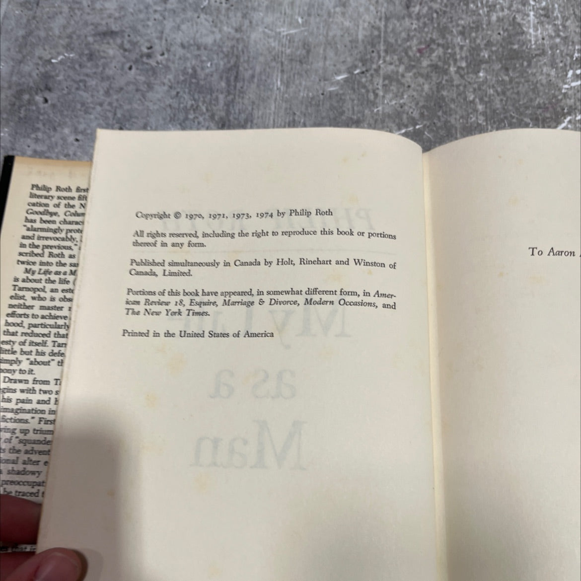 my life as a man book, by philip roth, 1974 Hardcover image 3