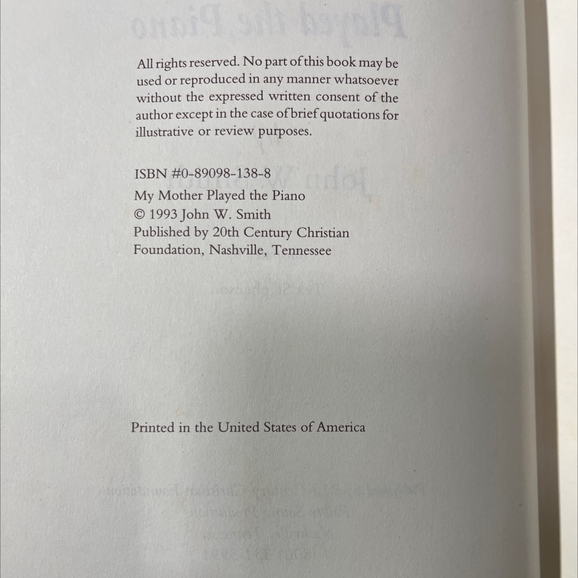 my mother played the piano book, by john w. smith, 1993 Hardcover image 3