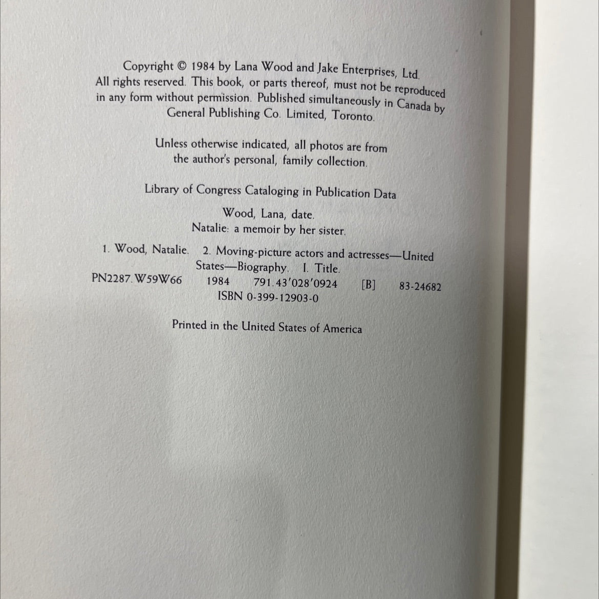 natalie a memoir by her sister book, by lana wood, 1984 Hardcover image 3