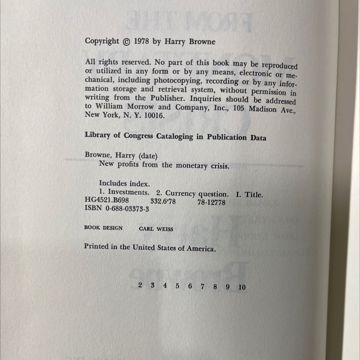 new profits from the monetary crisis book, by Harry Browne, 1978 Hardcover image 3