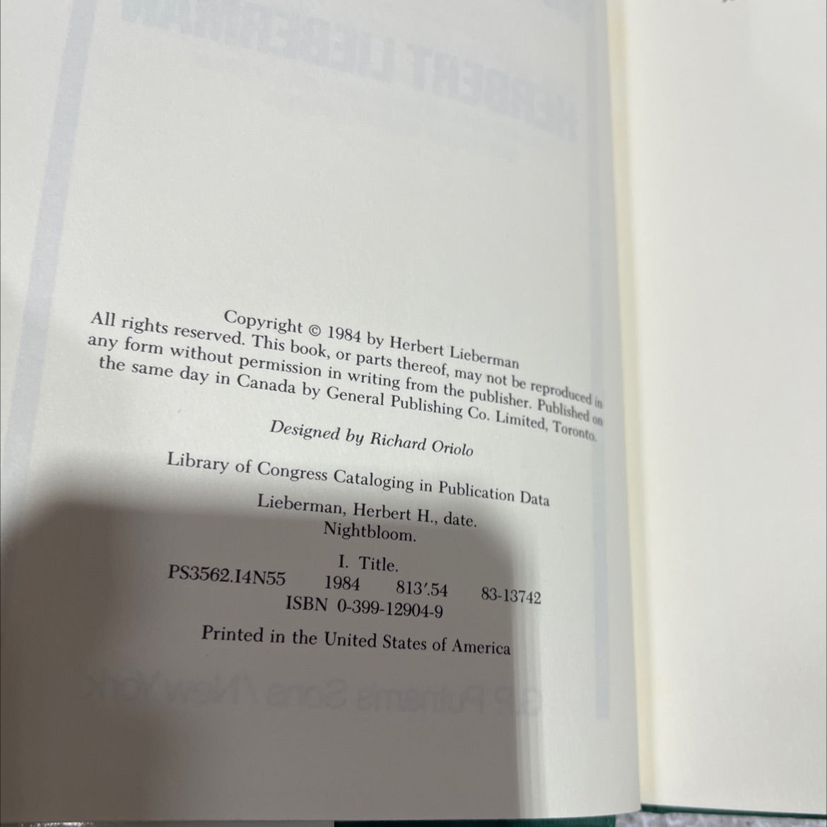 nightbloom book, by herbert lieberman, 1984 Hardcover image 3