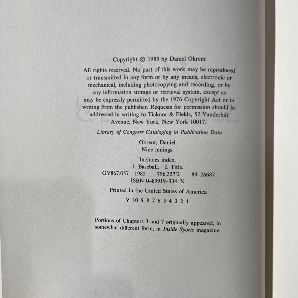 nine innings book, by daniel okrent, 1985 Hardcover image 3