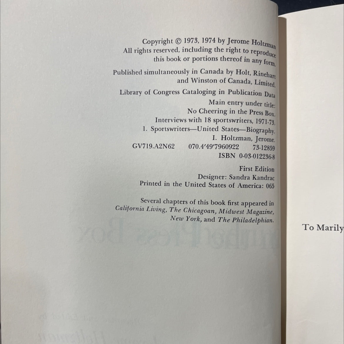 no cheering in the press box book, by Jerome Holtzman, 1974 Hardcover image 3