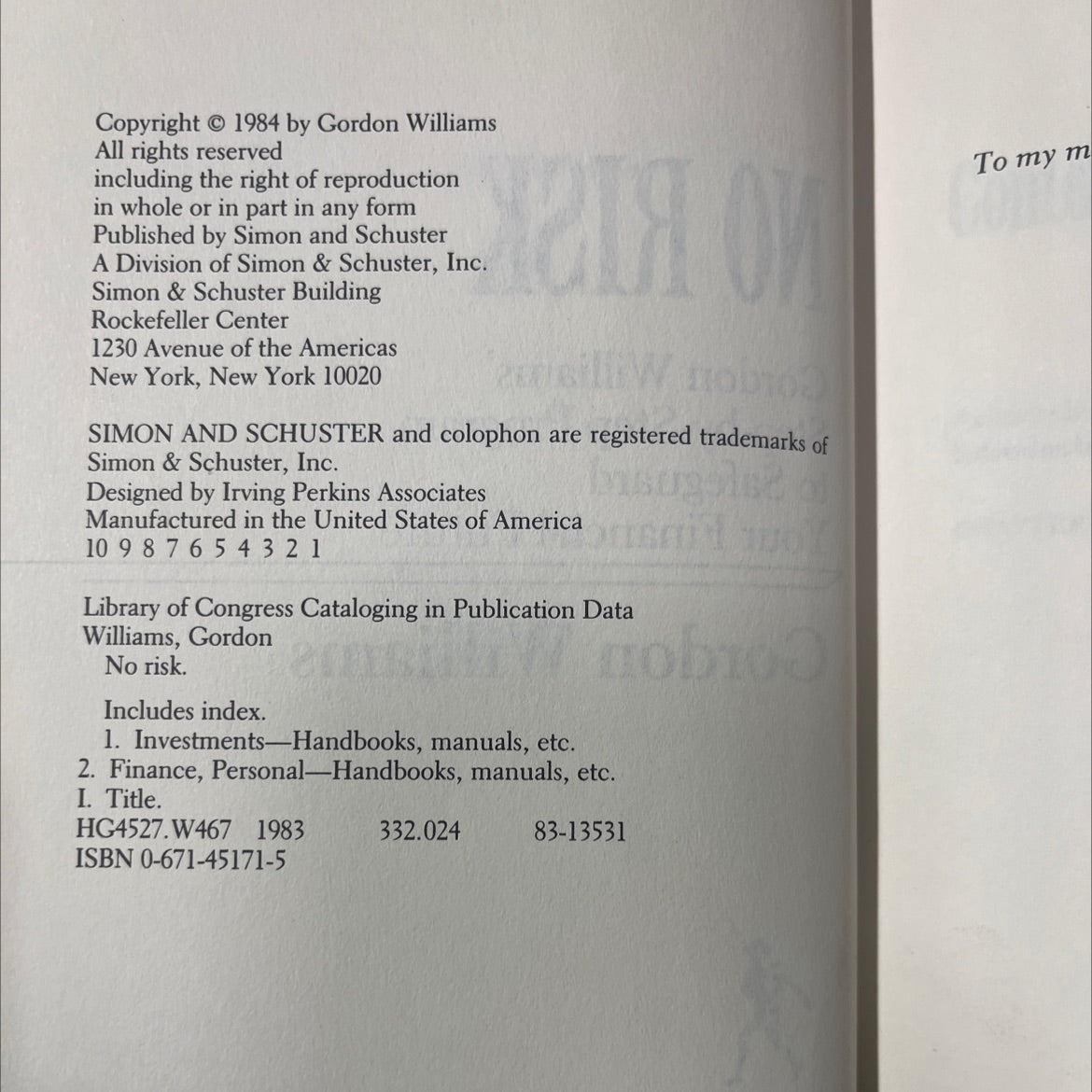 no risk book, by Gordon Williams, 1984 Hardcover image 3