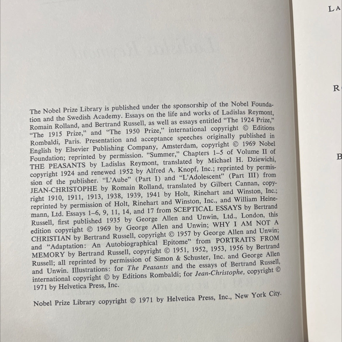 nobel prize library book, by ladislas reymont, romain rolland, bertrand russell, 1971 Hardcover image 3