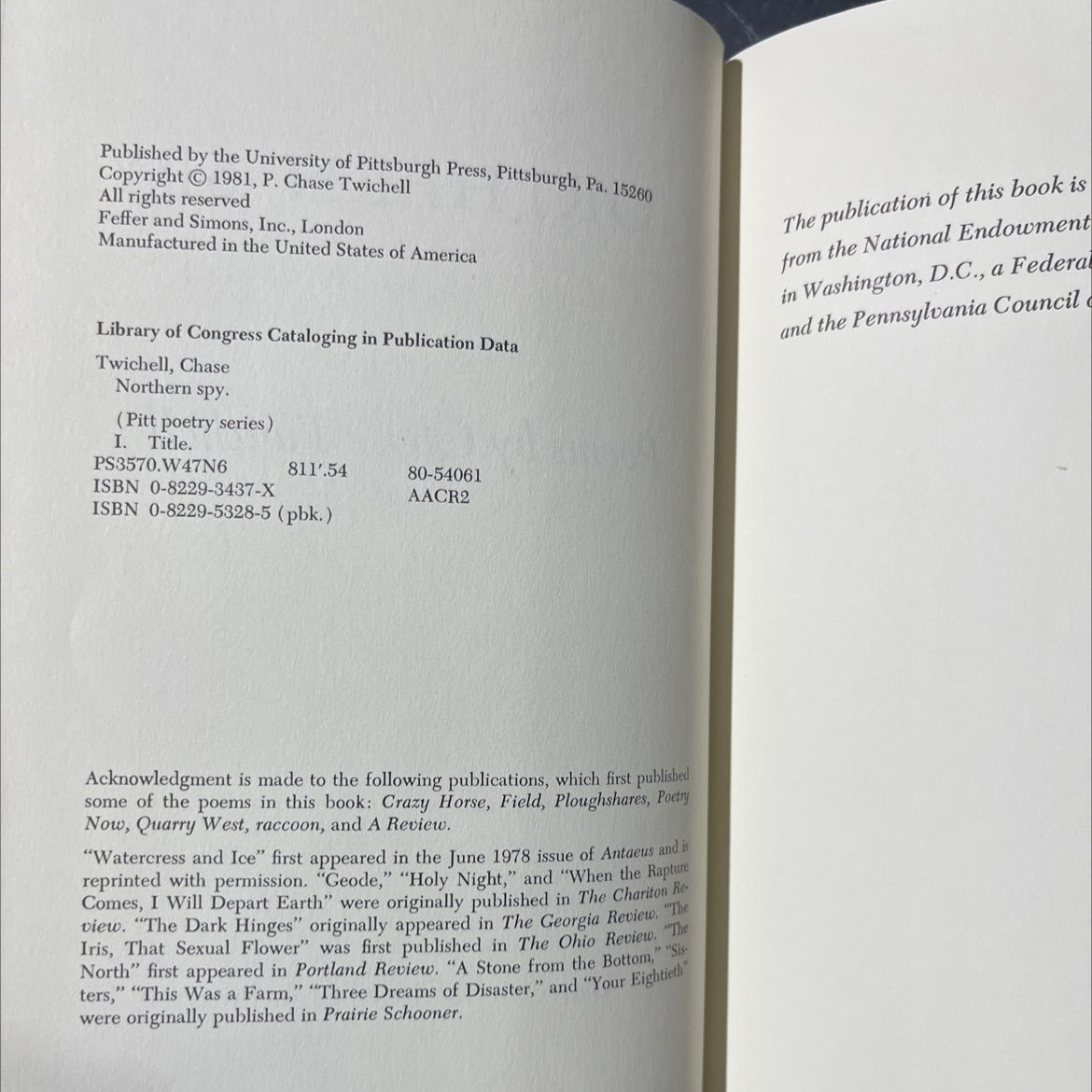 northern spy book, by Chase Twichell, 1981 Hardcover image 3