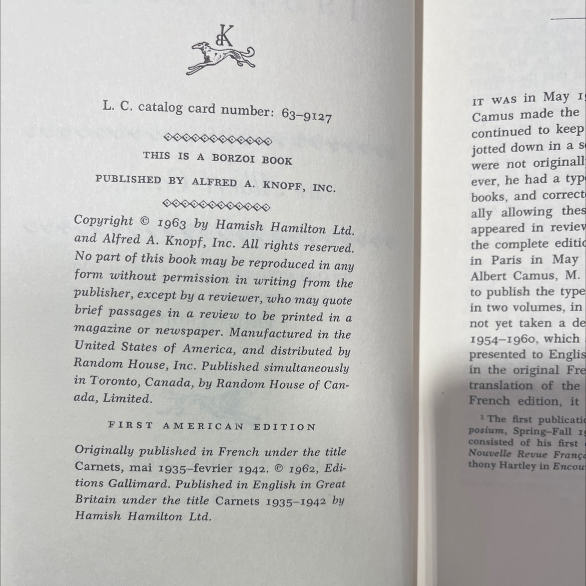 notebooks 1935 1942 book, by Albert Camus, 1963 Hardcover image 3