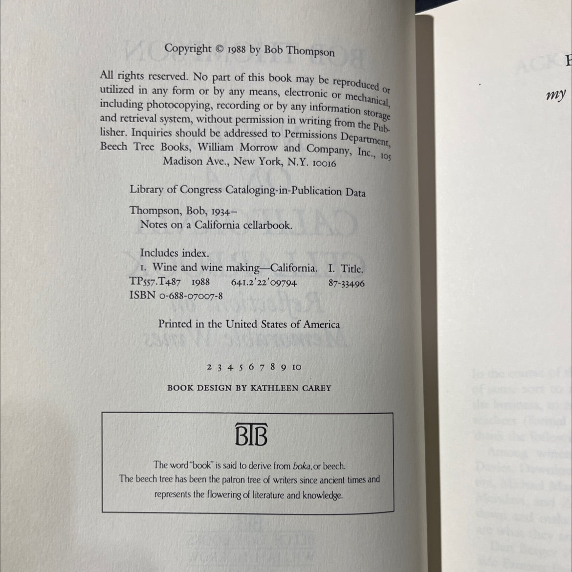 notes on a california cellarbook book, by Bob Thompson, 1988 Hardcover image 3