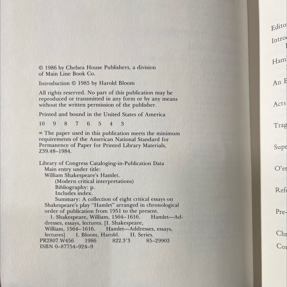 o'er william shakespeare's hamlet book, by harold bloom, 1986 Hardcover image 3