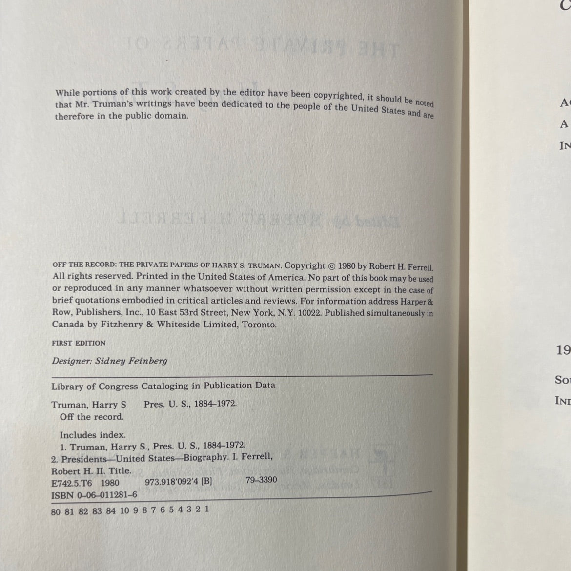 off the record the private papers of harry s. truman book, by Robert H. Ferrell, 1980 Hardcover image 3